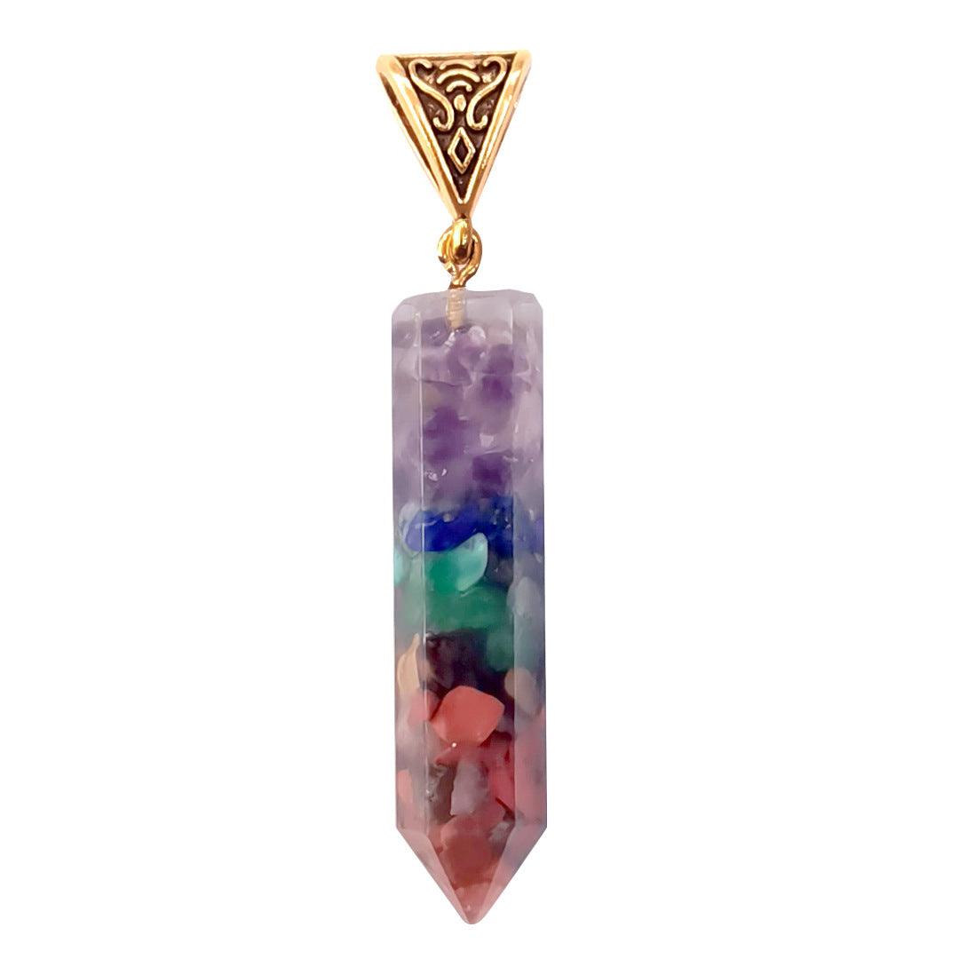 Seven Chakra Natural Crushed Stone Hexagon Column Necklace Aura Pendant - MRSLM