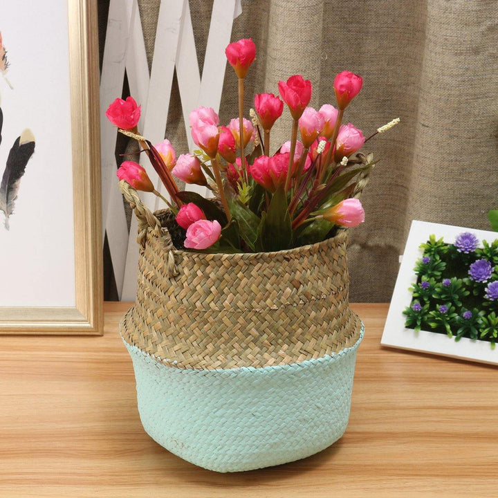 5PCS Mat Grass Belly Basket Storage Plant Pot Foldable Laundry Bag Room Decorative Flower Pot - MRSLM