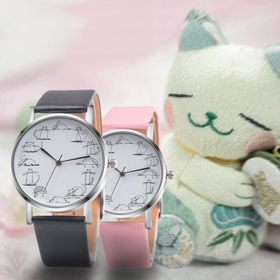 Girl Retro Design Lovely Kitty Cartoon Cat Faux Leather Band Alloy Wristwatch - MRSLM