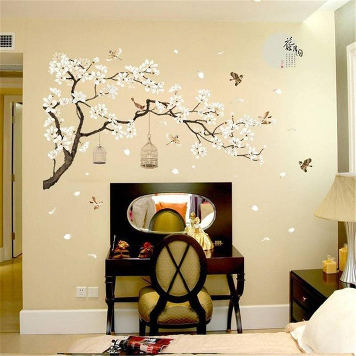 Chinese Style Flower Tree Bird Cage Wall Sticker Removable DIY Background - MRSLM