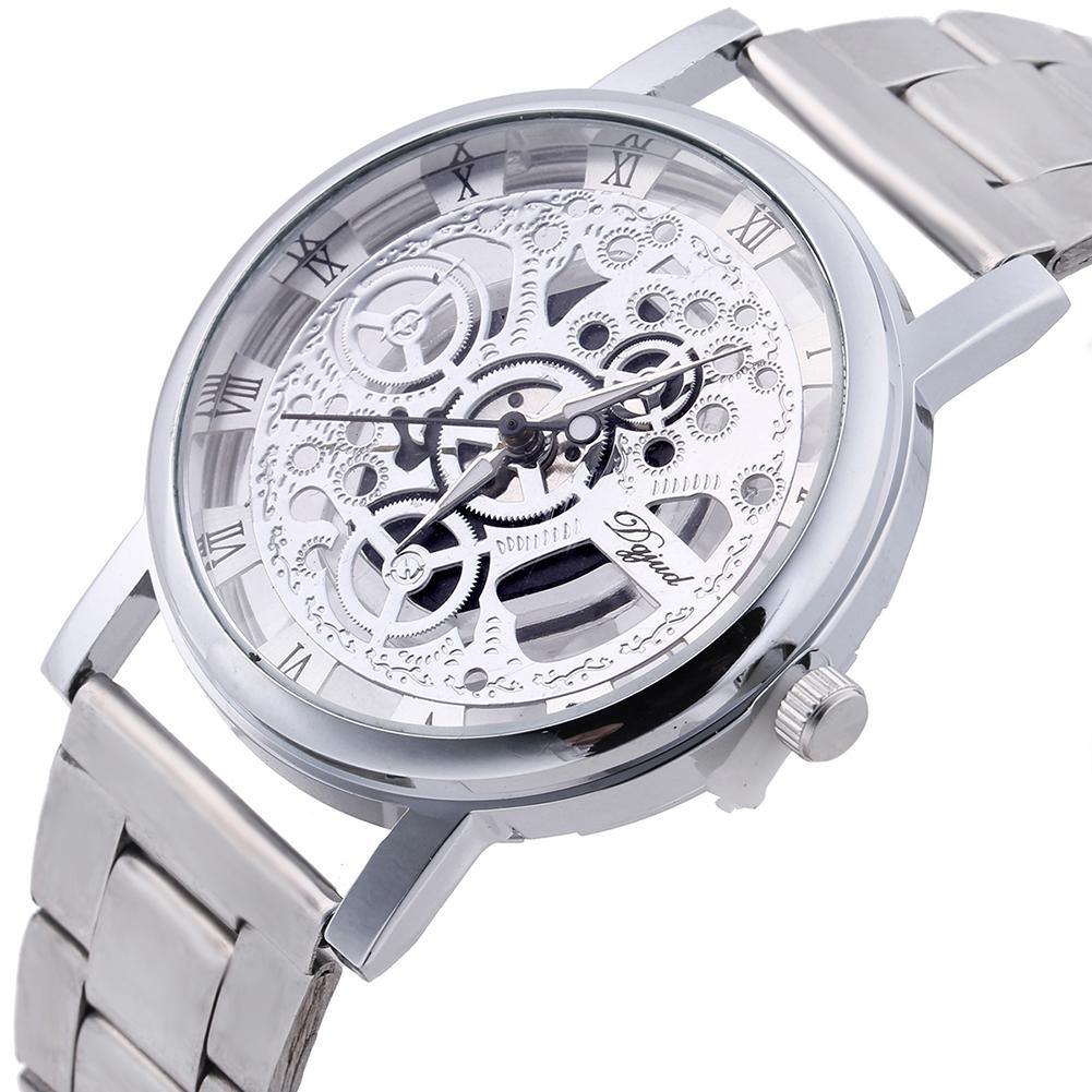 Lady Fashion Stainless Steel Band Hollow Dial Roman Numerals Quartz Wrist Watch - MRSLM