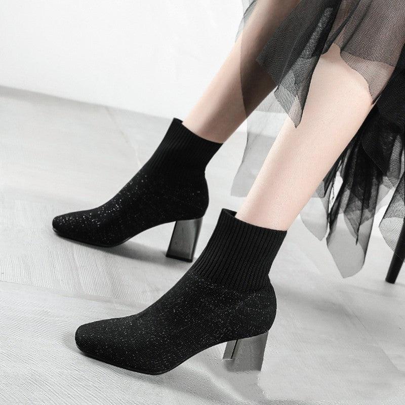 New Style Knitted Stretch Thin Boots Fashion Electroplated Thick Heel Ankle Boots - MRSLM