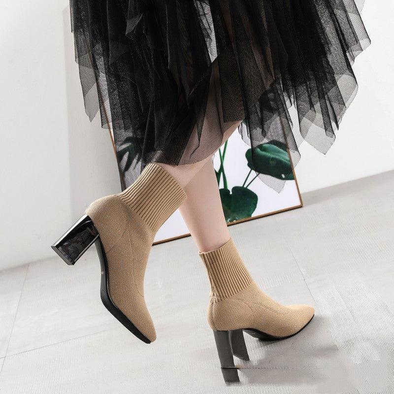 New Style Knitted Stretch Thin Boots Fashion Electroplated Thick Heel Ankle Boots - MRSLM