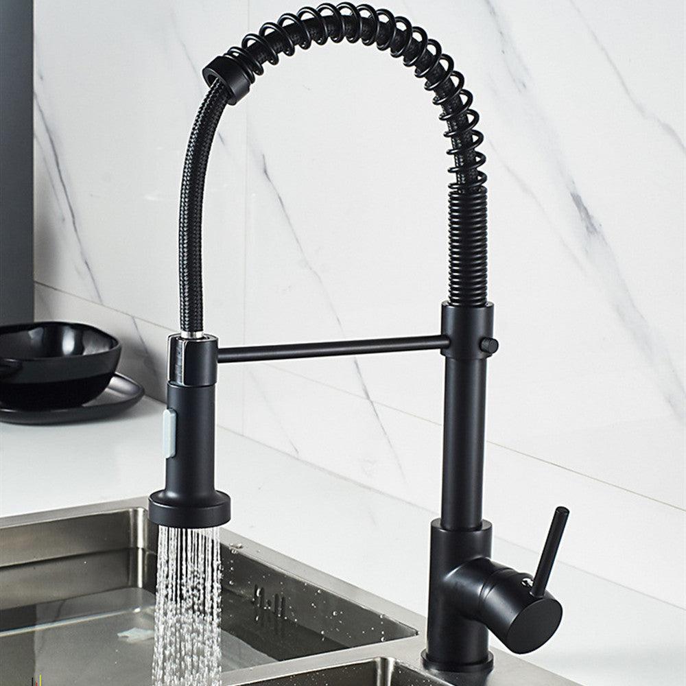 Matte Black Kitchen Sink Faucets Brass Single Lever Pull Out Spring Spout Mixers Tap Hot Cold Water Crane - MRSLM