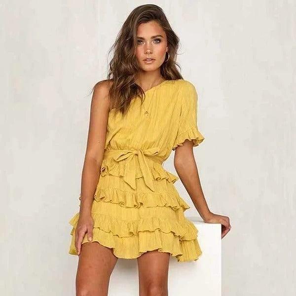 Yellow diagonal strap dress, view 2 - MRSLM