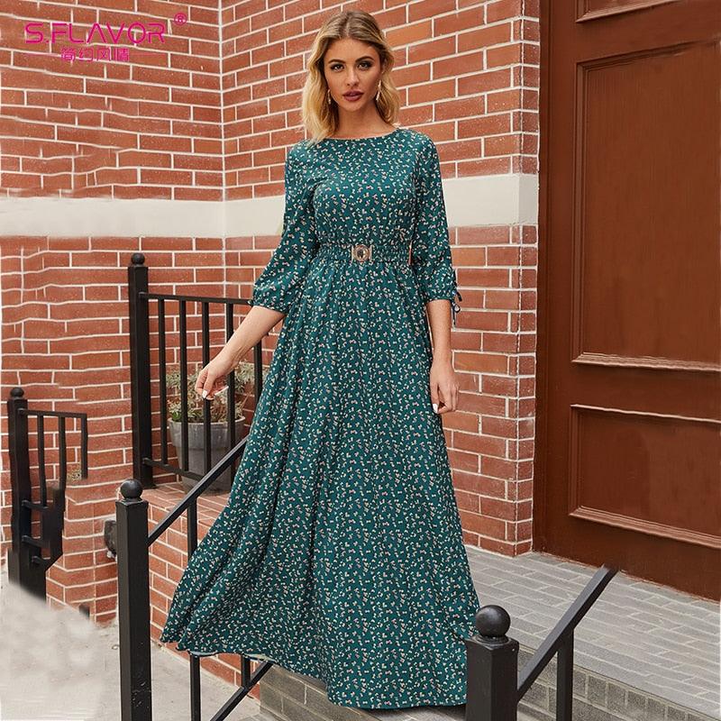 Women's Three-Quarter Sleeves Floral Lace Up Slim Green Dress - MRSLM