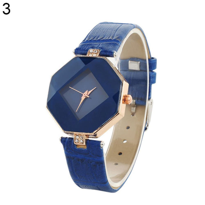 Lady's Rhombic Rhinestone Fine Faux Leather Strap Analog Quartz Wrist Watch Gift - MRSLM
