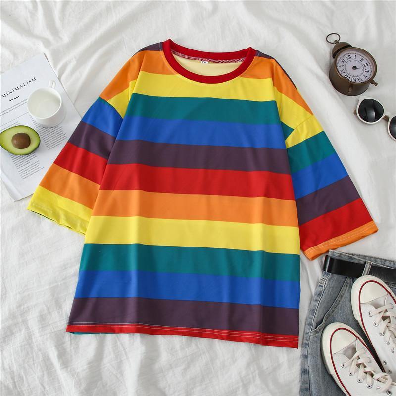 Rainbow stripes loose hood Sweater - MRSLM