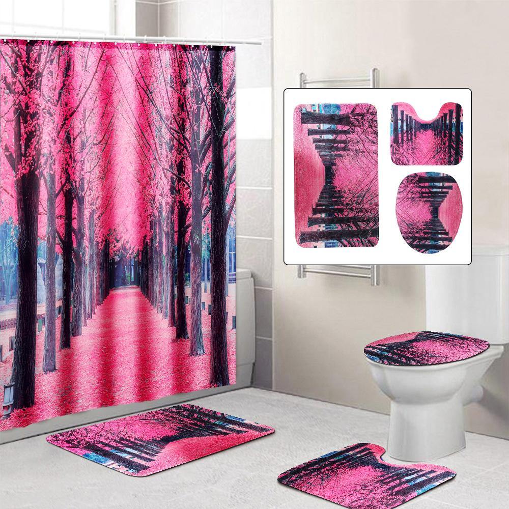 Sakura Floral Waterproof Bathroom Shower Curtain Seat Lid Cover Bath Mat Hook - MRSLM