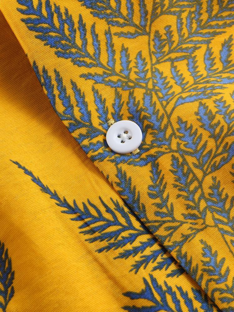 Pine Leaves Print Cotton Short Sleeve Relaxed Shirts - MRSLM