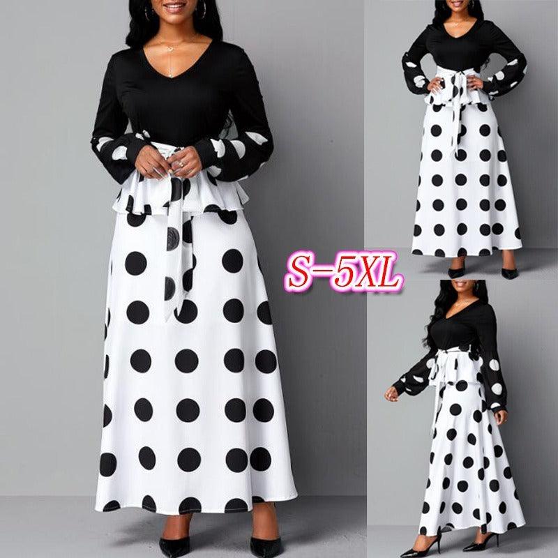 Women's mesh stitching high waist Polka Print Dress - MRSLM