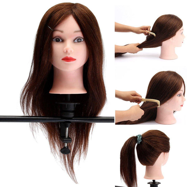 20" Brown 90% Human Hair Hairdressing Training Head Mannequin Model Braiding Practice Salon Clamp - MRSLM