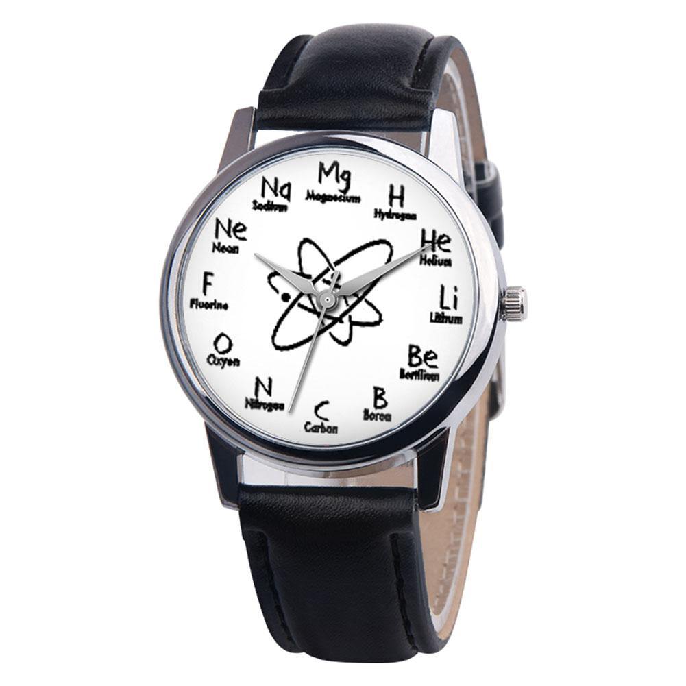 Chemical Symbol Faux Leather Band Unisex Casual Round Quartz Wrist Watch Gift - MRSLM