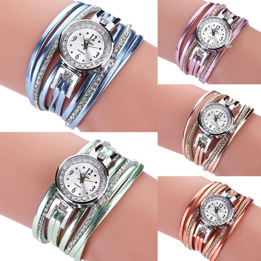 Lady Retro Rhinestone Multilayer Faux Leather Analog Quartz Bracelet Wrist Watch - MRSLM