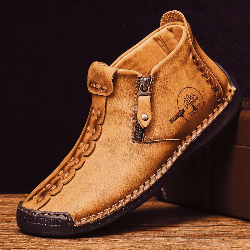 Men Hand Stitching Leather Non-slip Anti-Collision Toe Cap Casual Ankle Boots - MRSLM