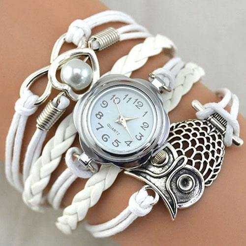 Women Owl Wax Cord Multilayer Knitted Faux Leather Bracelet Wrap Wrist Watch - MRSLM