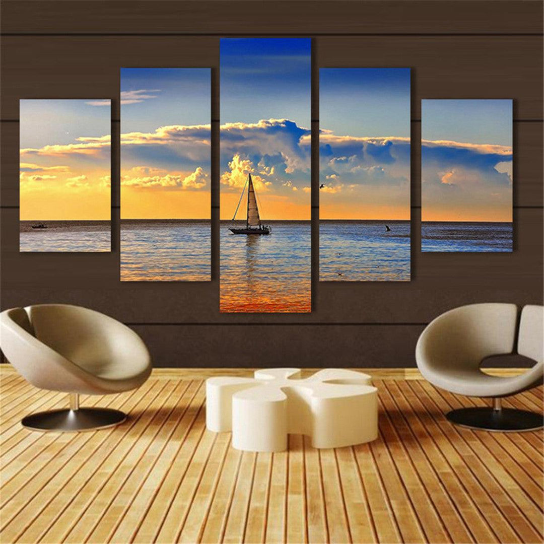 5Pcs Sunset Sailing Boat Canvas Print Paintings Wall Decorative Print Art Pictures Frameless Wall Hanging Decorations for Home Office - MRSLM