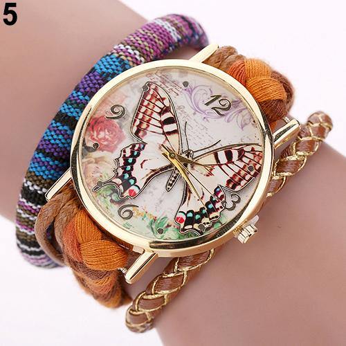 Women Ethnic Style Multilayer Knitted Strap Butterfly Dial Bracelet Quartz Wrist Watch - MRSLM