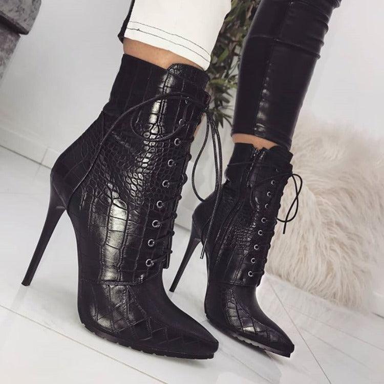 Snake Print Lace-up Sexy Pointed-toe Women's Boots - MRSLM