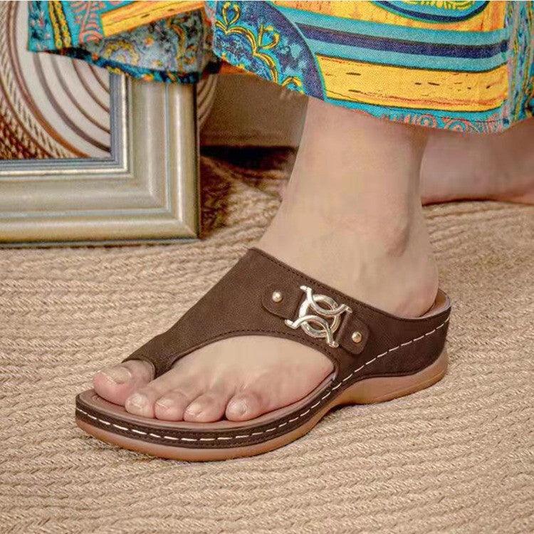 Large Size Sandals Women Summer Casual Flip Flops Wedge Heel Metal Decorative Women's Shoes - MRSLM