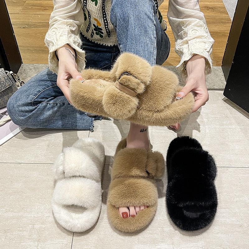 Women's Slippers With Thick Bottom Furry Slippers For Wearing Outside Home - MRSLM