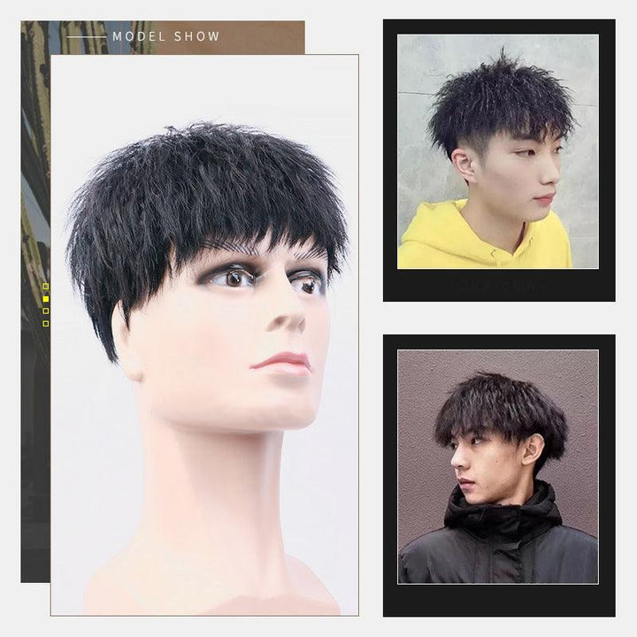 Handsome Men Human Hair Wig Lightweight Breathable Washable Without Trace Short Curly Wig (#1) - MRSLM