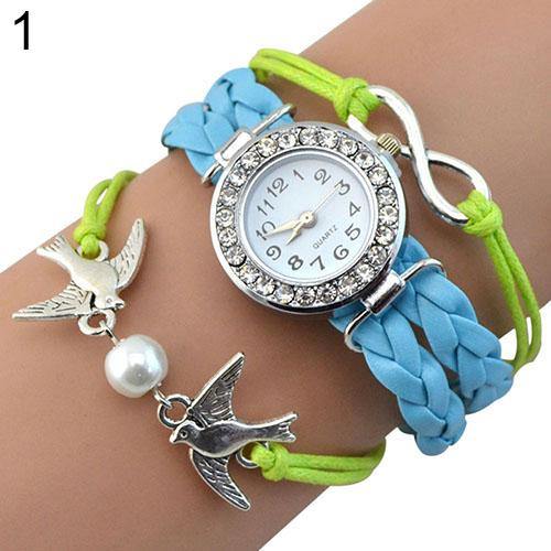 Women Bird Love Heart Multilayer Knitted Faux Leather Bracelet Wrap Wrist Watch - MRSLM