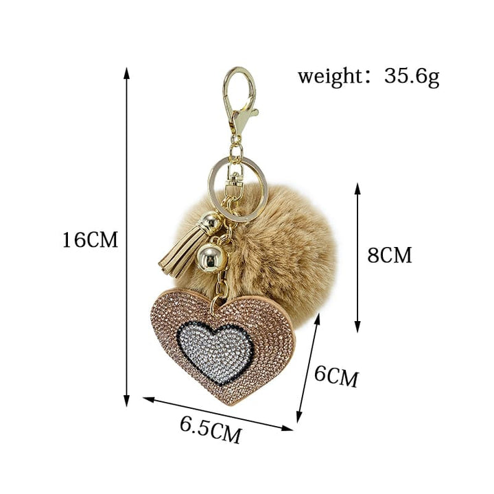 Pompom Keychain with Rhinestone Heart Charm