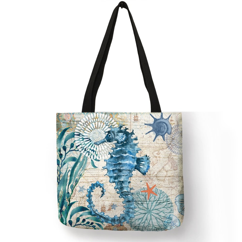 Sea Themed Printed Linen Shopper Shoulder Bag
