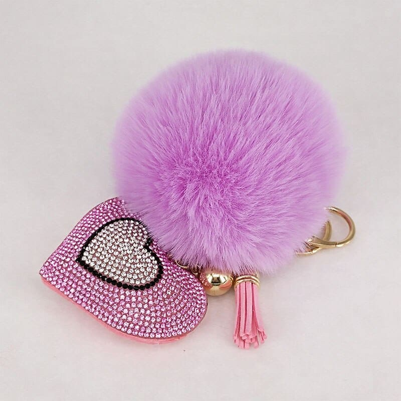 Pompom Keychain with Rhinestone Heart Charm