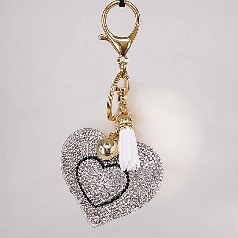 Pompom Keychain with Rhinestone Heart Charm