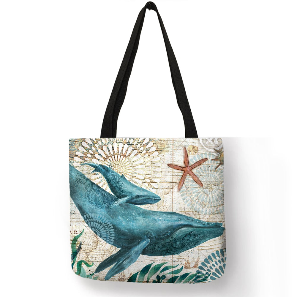 Sea Themed Printed Linen Shopper Shoulder Bag