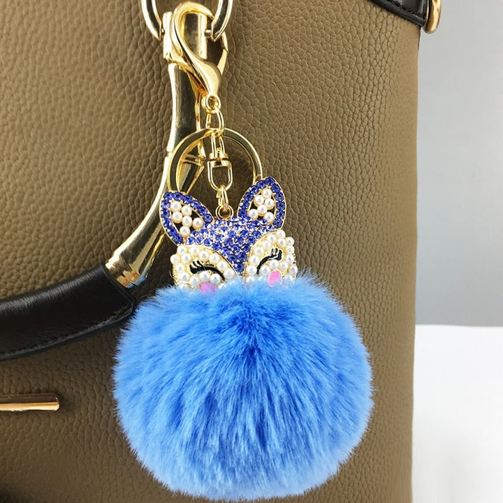 Women's Rhinestones Decorated Fox Fur Ball Keychain