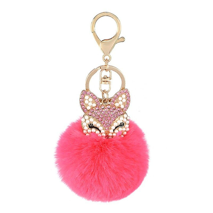 Women's Rhinestones Decorated Fox Fur Ball Keychain