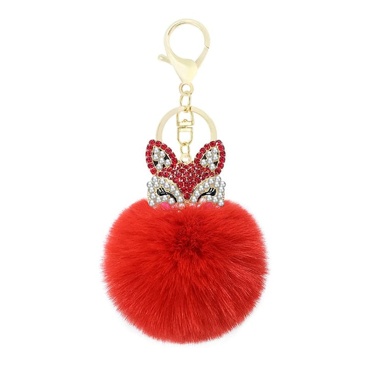 Women's Rhinestones Decorated Fox Fur Ball Keychain