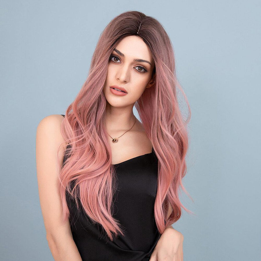 28 Inch Brown Gradient Pink Long Curly Hair Soft High Temperature Fiber Full Head Cover Wig - MRSLM