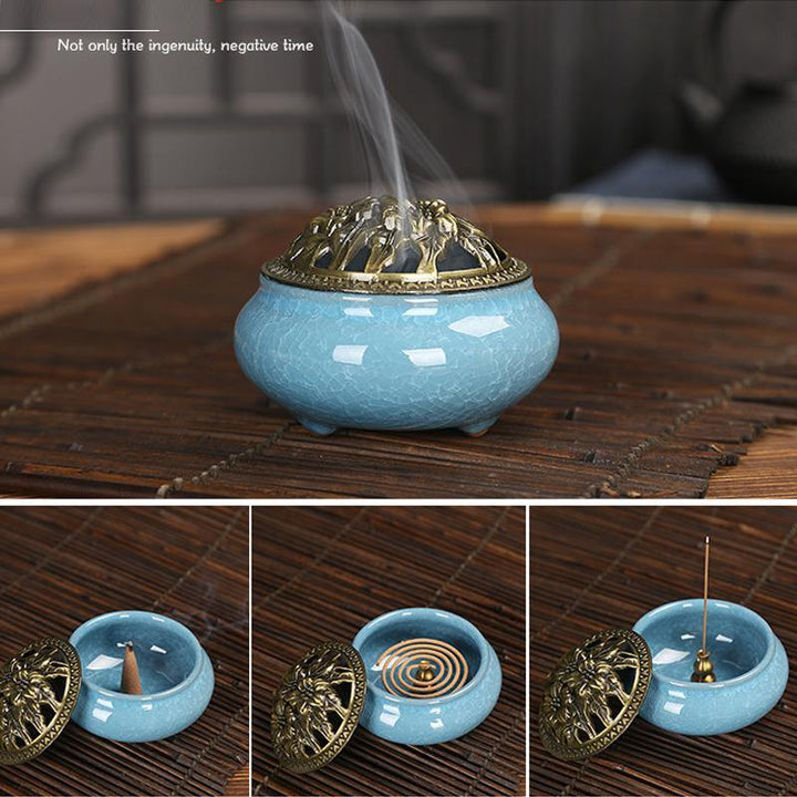 Ceramic Incense Burner Censer Coil Stick Holder Ash Catcher w/ Alloy Cover Aromatherapy Decor - MRSLM