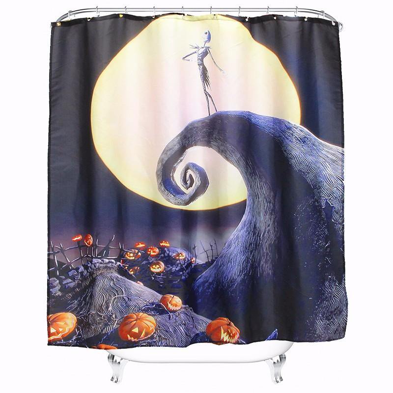 Halloween Nightmare Moon Skull Polyester Shower Curtain Bathroom Decor with 12 Hooks - MRSLM