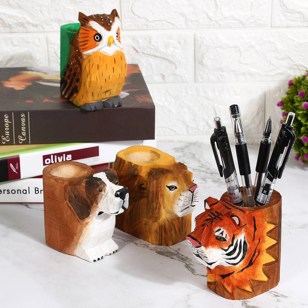 Animal Types Pen Holder Creative Hand Carved Wooden Pen Holder Lion Tiger Owl Dog Pattern Pen Organizer For Student Stationery Pencil Not Included - MRSLM