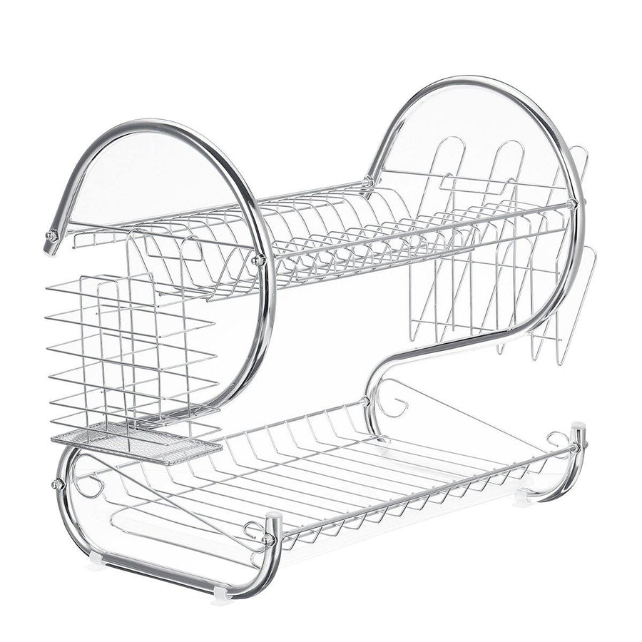 2 Layer 16 Inch Chrome Dish Rack Cup Drying Drainer Tray Cutlery Holder - MRSLM