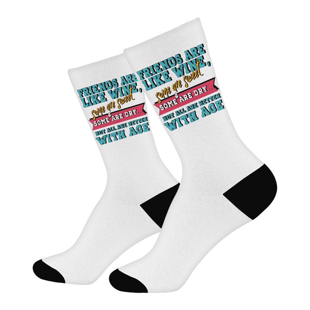 Friends and Wine Socks - Quotes Novelty Socks - Funny Crew Socks - MRSLM