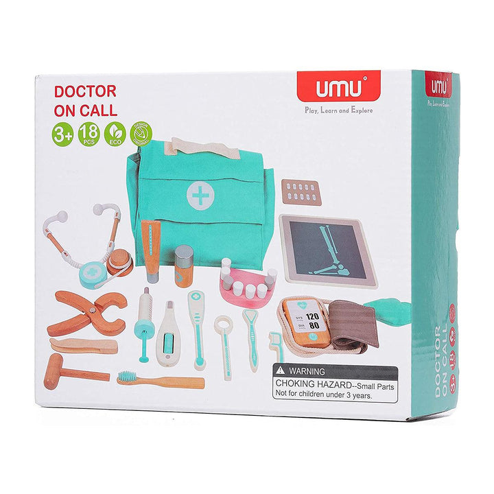 18 Pcs Children Wooden Role Play Pretend Dentist Toolbox Doctor Medical Playset with Stethoscope Early Education Toy - MRSLM