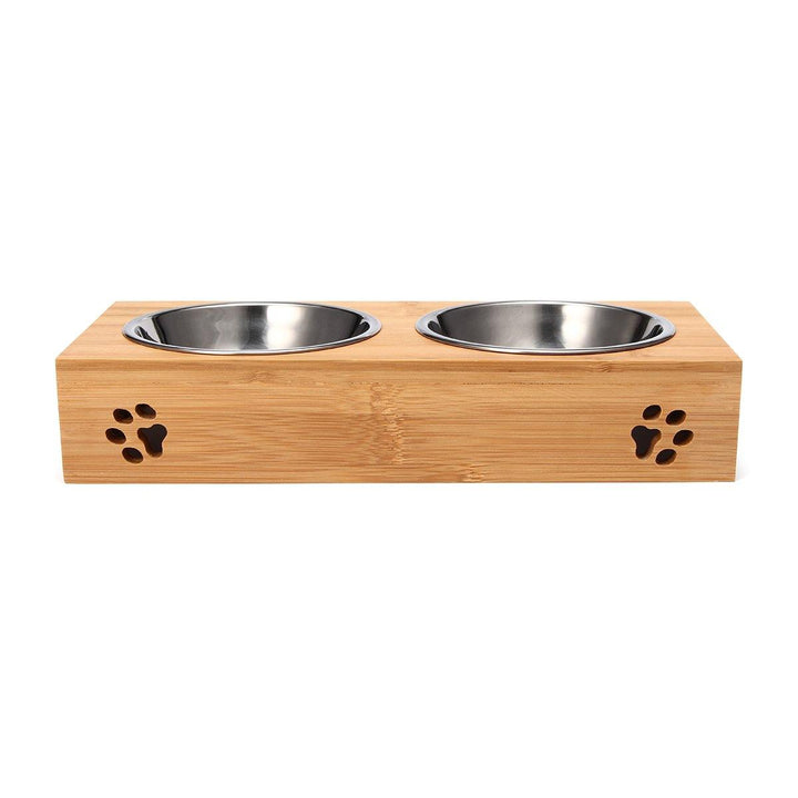 Pet Food Water Feeder Single Twin Bowls Bamboo Stainless Steel Dog Cat Dishes Pet Bowl - MRSLM