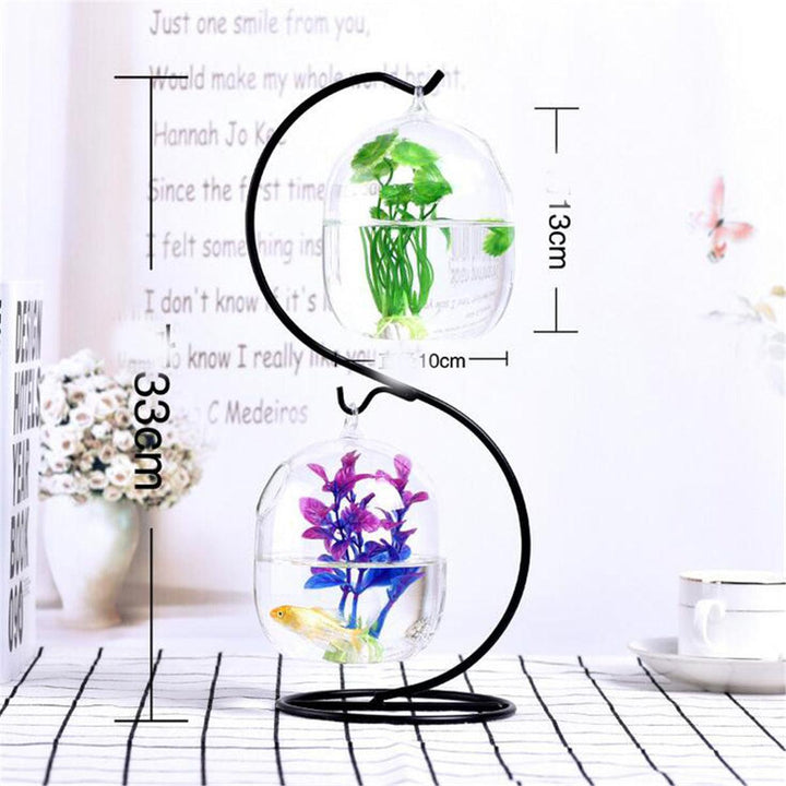 Clear Glass Hanging Ball Mini Fish Tank Aquarium Home Office Desktop Stand Decorations - MRSLM