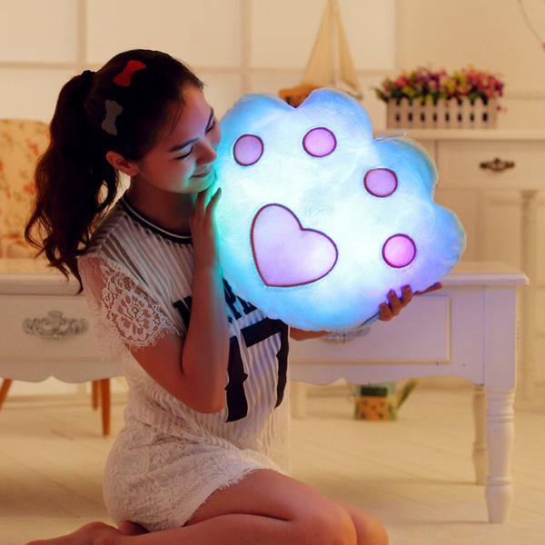 Plush Colorful LED Light Music Bear Paw Shape Throw Pillow Home Sofa Decor Festival Birthday Gift - MRSLM