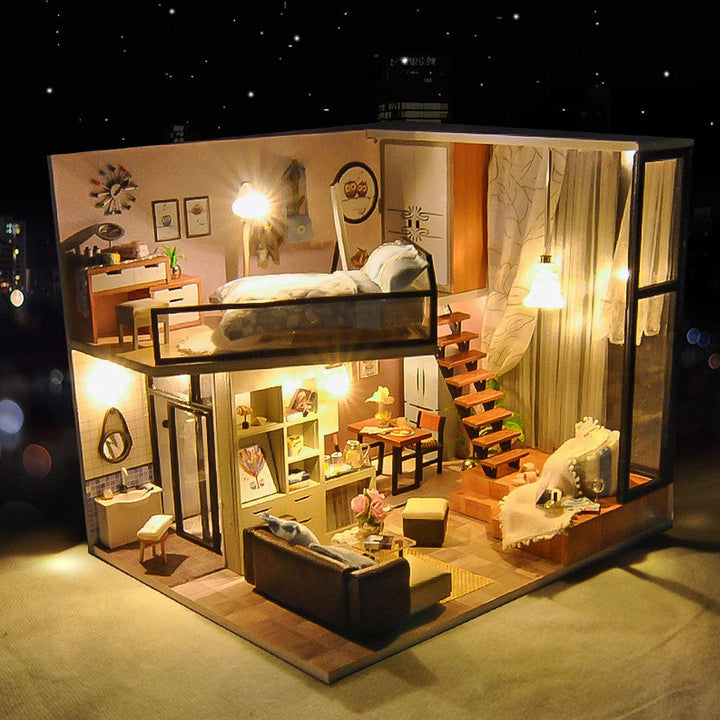 T-Yu New Mini Cockloft DIY Doll House Miniatures Furniture Kit Kids Gift LED Light - MRSLM
