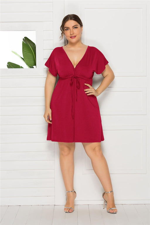 solid color short sleeve deep v-neck short dress, view 5 - MRSLM