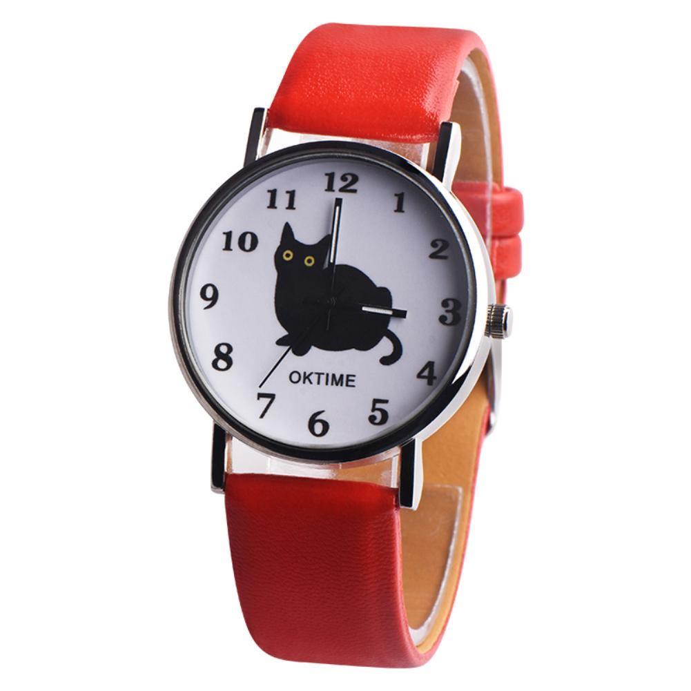 Fashion Cartoon Cat Pattern Faux Leather Band Quartz Unisex Wrist Watch Gift - MRSLM