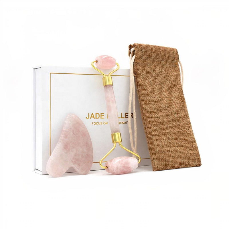 rose quartz face roller and gua sha set, view 2 - MRSLM