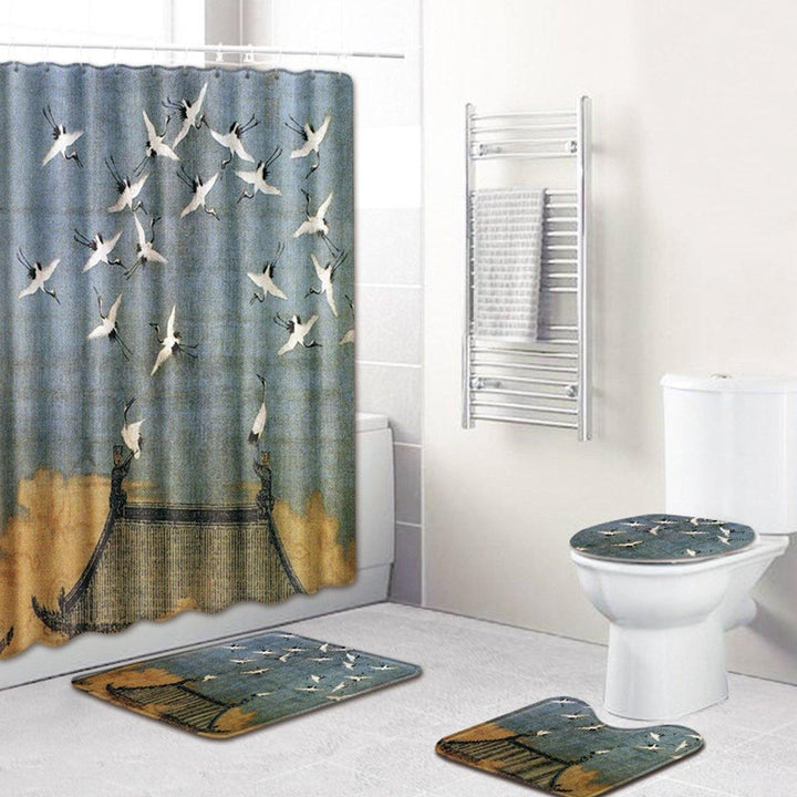 Fabric Various Pattern &12 Hooks Bathroom Shower Curtain Set Bathtub Mats Toilet Cover Bath Rugs - MRSLM